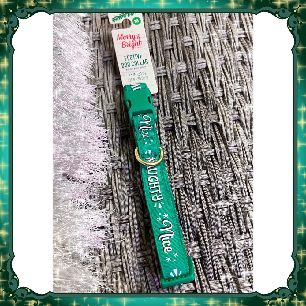 M Petsmart Winter Green Holiday Dog Collar Naughty or Nice Gold Christmas MEDIUM